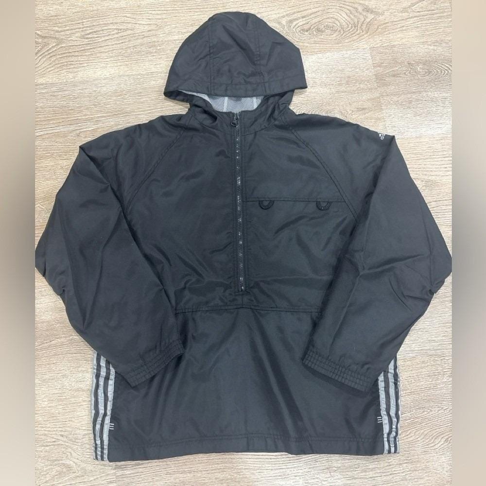 Vintage Y2K Adidas Boys L 14-16 Black Hooded Half Zip Windbreaker Jacket